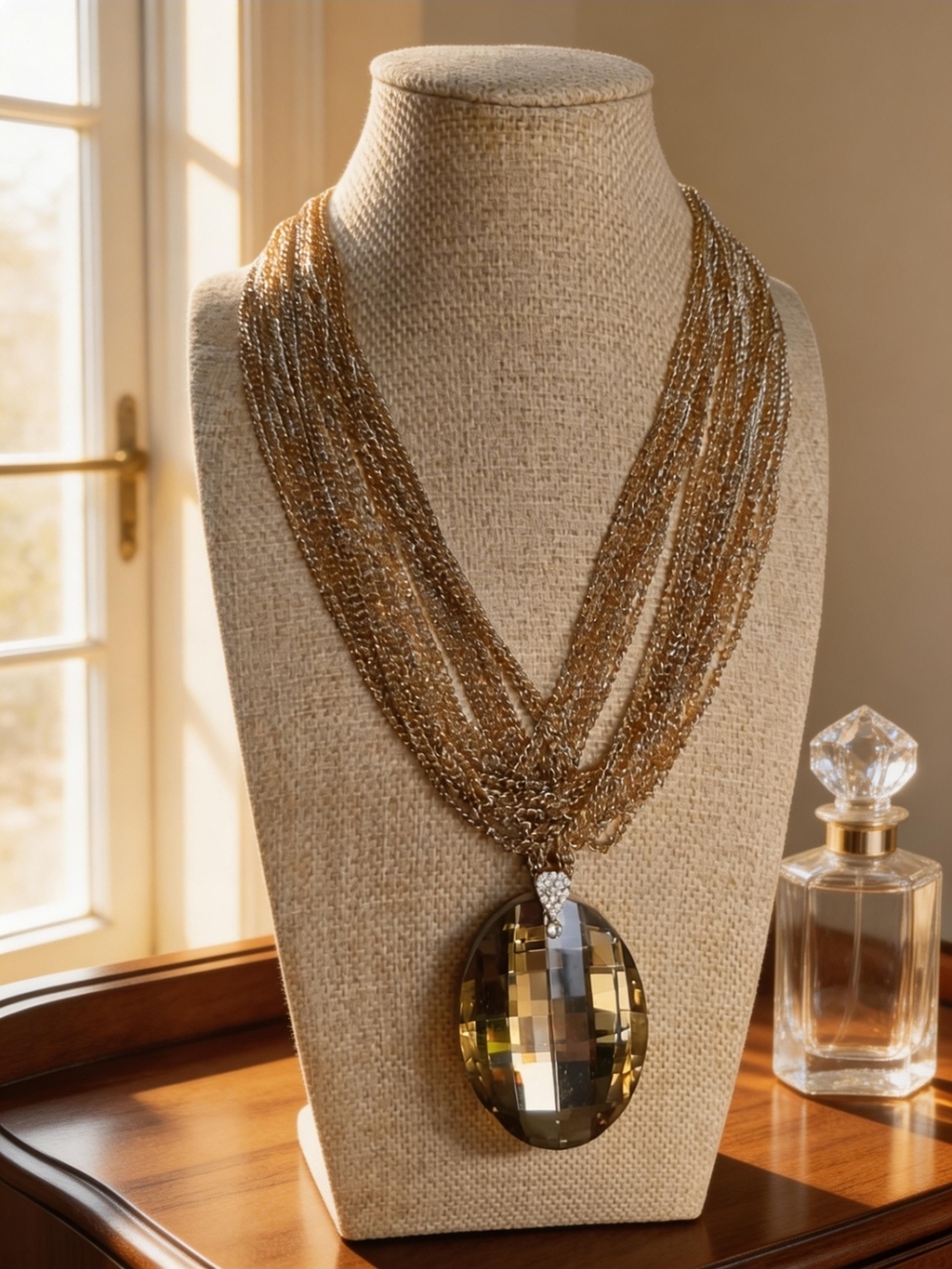 Layered Gold-Tone Multi-Strand Necklace with Faceted Amber Pendant